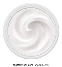 White Cosmetics Cream in Package Container Top View on White Background. Cosmetic Product for Care to Skin Face. Applicable for Dairy or Cosmetic Products Ads or Packaging Design