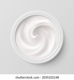 White Cosmetics Cream in Package Container Top View on Gray Background. Cosmetic Product for Care to Skin Face. Applicable for Dairy or Cosmetic Products Ads or Packaging Design