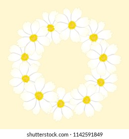 White Cosmos Flower Wreath. Vector Illustration.