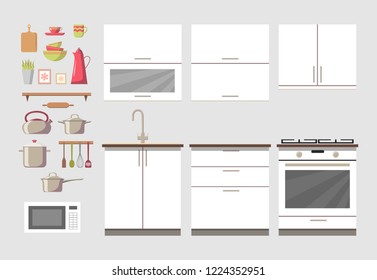 White cosy kitchen interior constructor clip art set with furniture and stove, cupboards, dishes - kettle, pan, bowls, mugs, microwave oven, different utensils. Modern flat style vector, isolated.