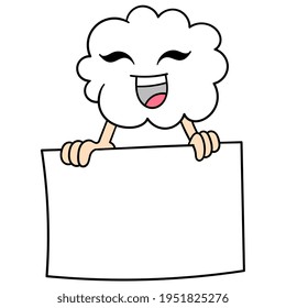 White cotton clouds carry a blank sheet of paper template, vector illustration art. doodle icon image kawaii.