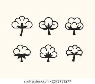 white cotton flower plant garden simple line art minimal modern style icon design set	