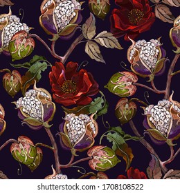 White cotton flowers and red roses seamless pattern. Spring floral art. Oriental botanical background. Vector illustration. Fashion template for clothes, textiles and t-shirt design 