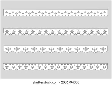 white cotton lace hand drawn design  vintage cotton lace eyelet trim embroidery flower floral seamless anglaise, decorative flower floral lace embroidery design vector Set of seamless lattice borders.