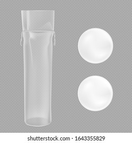 White cotton pads and clear package isolated on transparent background. Vector realistic mockup of plastic pack and cosmetic round napkin for makeup and face cleansing