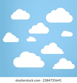 White Couds elements on light blue sky, soft clouds on isolated blue background, and Groups of white Clouds collection in flat design styles, cloud concept