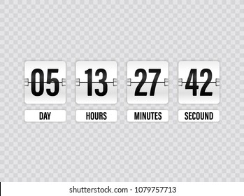 White Countdown timer with white numbers isolated on transparent background. Clock counter. Vector illustration template