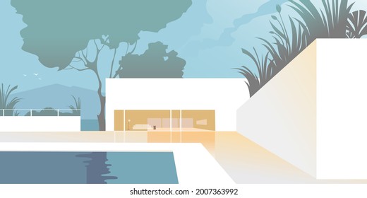 White country house, swimming pool. Summer. Modern residential architecture, abstract flat vector illustration. Background layout for landing page, banner or postcard design.