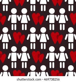 White couple silhouettes with heart. Seamless pattern.