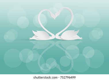 White couple Swan in Heart shape on Blue background in Paper cut Style