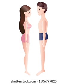 White couple in underwear side view. People in full growth hold hands. Cute gradient characters.