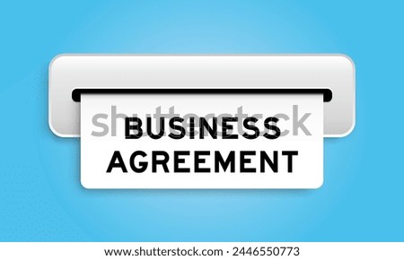 White coupon banner with word business agreement from machine on blue color background