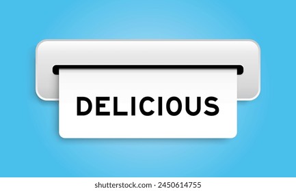 White coupon banner with word delicious from machine on blue color background