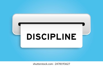White coupon banner with word discipline from machine on blue color background