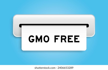 White coupon banner with word GMO (abbreviation of Genetically Modified Organisms) free from machine on blue color background