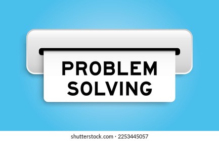 White coupon banner with word problem solving from machine on blue color background
