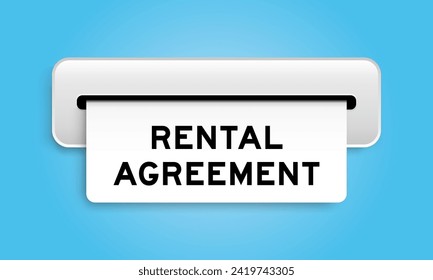 White coupon banner with word rental agreement from machine on blue color background