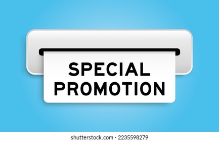White coupon banner with word special promotion from machine on blue color background