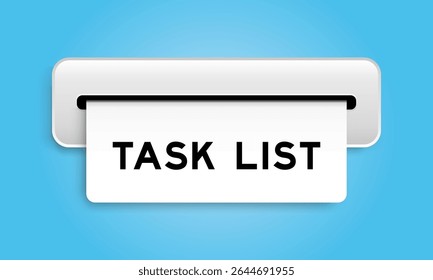 Weißer Coupon-Banner mit Wort-Task-Liste von Maschine auf blauem Hintergrund