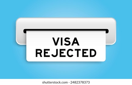 White coupon banner with word visa rejected from machine on blue color background