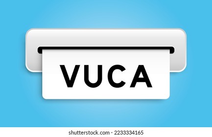 White coupon banner with word VUCA (abbreviation of Volatility, uncertainty, complexity and ambiguity) from machine on blue color background