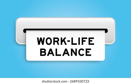 Anuncio de Cupón blanco con el equilibrio de la vida laboral de la palabra de la máquina en el fondo azul del color