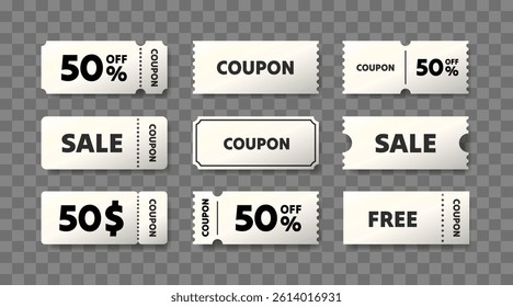White coupons of different shapes, set of coupons on transparent background.Vector illustration 