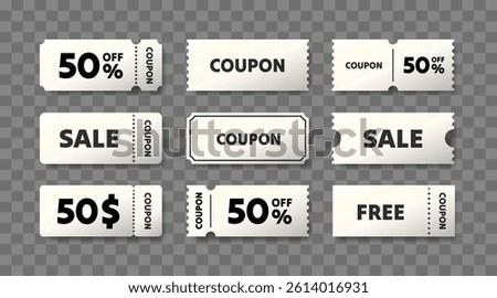 White coupons of different shapes, set of coupons on transparent background.Vector illustration 