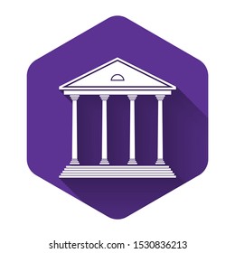 White Courthouse building icon isolated with long shadow. Building bank or museum. Purple hexagon button. Vector Illustration