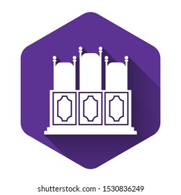 White Court's room with table icon isolated with long shadow. Chairs icon. Purple hexagon button. Vector Illustration