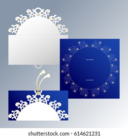 White cover for an invitation with a delicate semicircular border and gold decor and a blue invitation with a decorative contour white round frame inside. Template of cover for laser cutting.