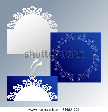 White cover for an invitation with a delicate semicircular border and gold decor and a blue invitation with a decorative contour white round frame inside. Template of cover for laser cutting.