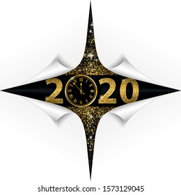 White cover with scrolled corners and the numbers 2020 on the golden sand. Eps 10 vector file.