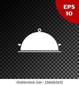 White Covered with a tray of food icon isolated on transparent dark background. Tray and lid sign. Restaurant cloche with lid. Kitchenware symbol.  Vector Illustration