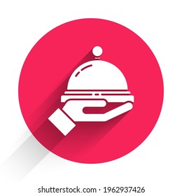 White Covered with a tray of food icon isolated with long shadow. Tray and lid sign. Restaurant cloche with lid. Red circle button. Vector Illustration