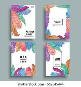 White covers with feather patterns. Hand-drawn bird feathers composition. Eps10 vector.