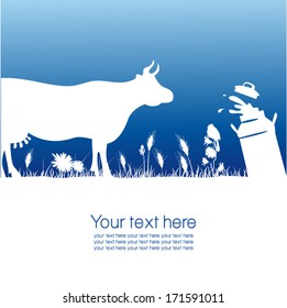 white cow with can container for milk on blue background