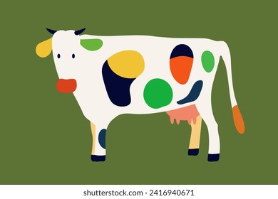 A white cow with colored spots stands on a green background. Graphic print or logo