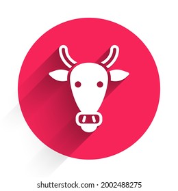 White Cow head icon isolated with long shadow. Red circle button. Vector