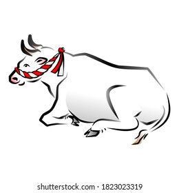 White cow with red and white bridle. Vector illustration.