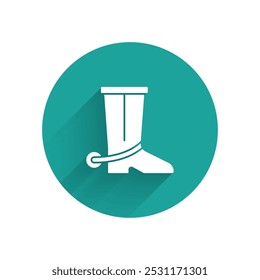 White Cowboy boot icon isolated with long shadow. Green circle button. Vector