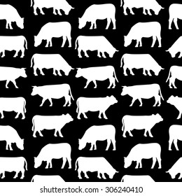 White cows silhouette seamless pattern. Black background.
