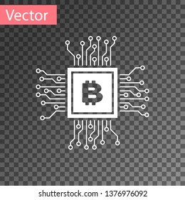 White CPU mining farm icon isolated on transparent background. Bitcoin sign inside processor. Cryptocurrency mining community. Digital money. Vector Illustration