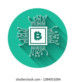 White CPU mining farm icon isolated with long shadow. Bitcoin sign inside processor. Cryptocurrency mining community. Digital money. Green circle button. Vector Illustration