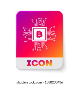 White CPU mining farm icon isolated on white background. Bitcoin sign inside processor. Cryptocurrency mining community. Digital money. Rectangle color button. Vector Illustration