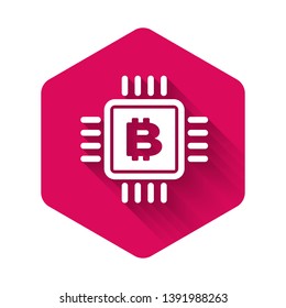 White CPU mining farm icon isolated with long shadow. Bitcoin sign inside microchip. Cryptocurrency mining community. Digital money. Pink hexagon button. Vector Illustration