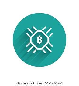 White CPU mining farm icon isolated with long shadow. Bitcoin sign inside processor. Cryptocurrency mining community. Digital money. Green circle button. Vector Illustration