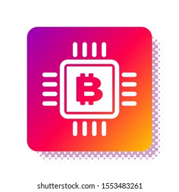 White CPU mining farm icon isolated on white background. Bitcoin sign inside microchip. Cryptocurrency mining community. Digital money. Square color button. Vector Illustration