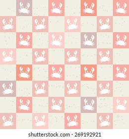 White Crabs on Peach Squares Background. Seamless repetitive pattern. Template for wrapping paper, gifts. 
