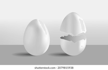 White cracked egg. Graphic elements for website with dairy products. Volumetric objects with shadows. Farm, chicken. Design decoration to Easter background. Cartoon realistic vector illustration